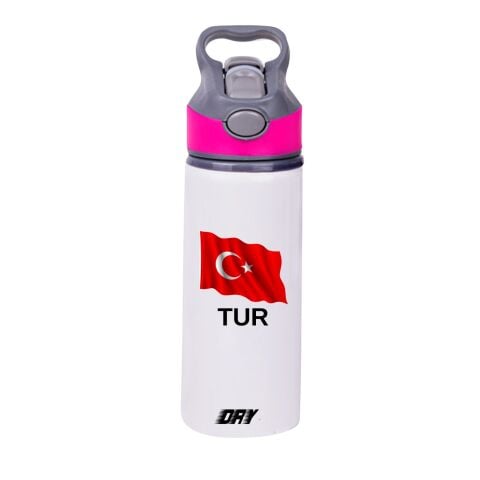 Türk Bayrağı ve TUR Baskılı  650 ml Matara Beyaz (Kapak rengi değiştirilebilir)