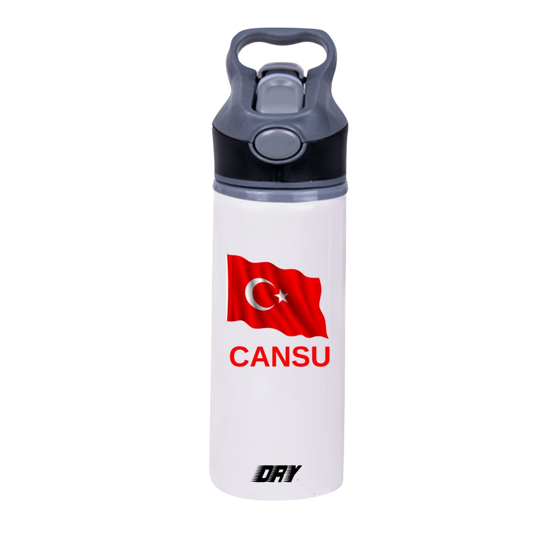 Türk Bayrağı ve İSİM Baskılı  650 ml Matara Beyaz (Kapak rengi değiştirilebilir)