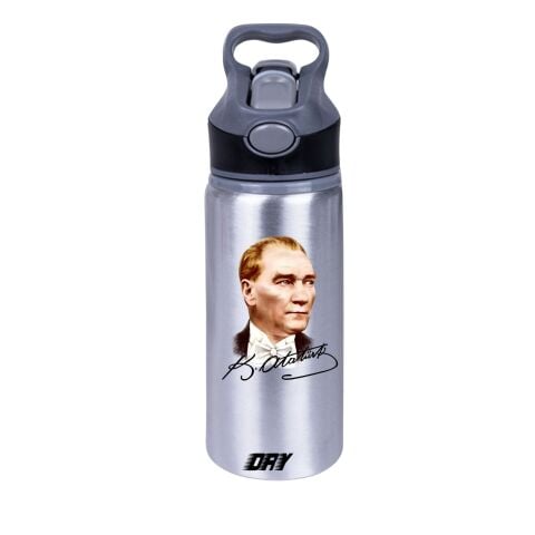 Renkli Mustafa Kemal  Atatürk ve İmzası Baskılı Gümüş 650 ml Matara