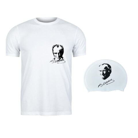 Beyaz T-Shirt Mustafa Kemal Atatürk/İmza Baskılı  ve Bone